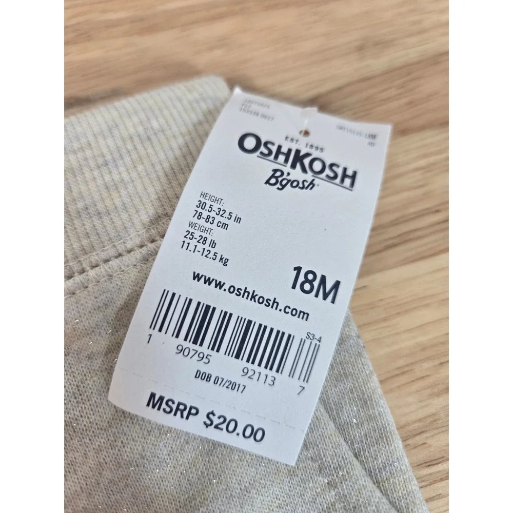 OshKosh B'gosh Baby Girl Oatmeal Heather Shimmer Heart Joggers 18M NWT